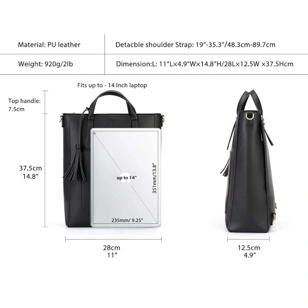 Black Handbag Tote Bag Backpack Work Bag Convertible Shoulder Bag